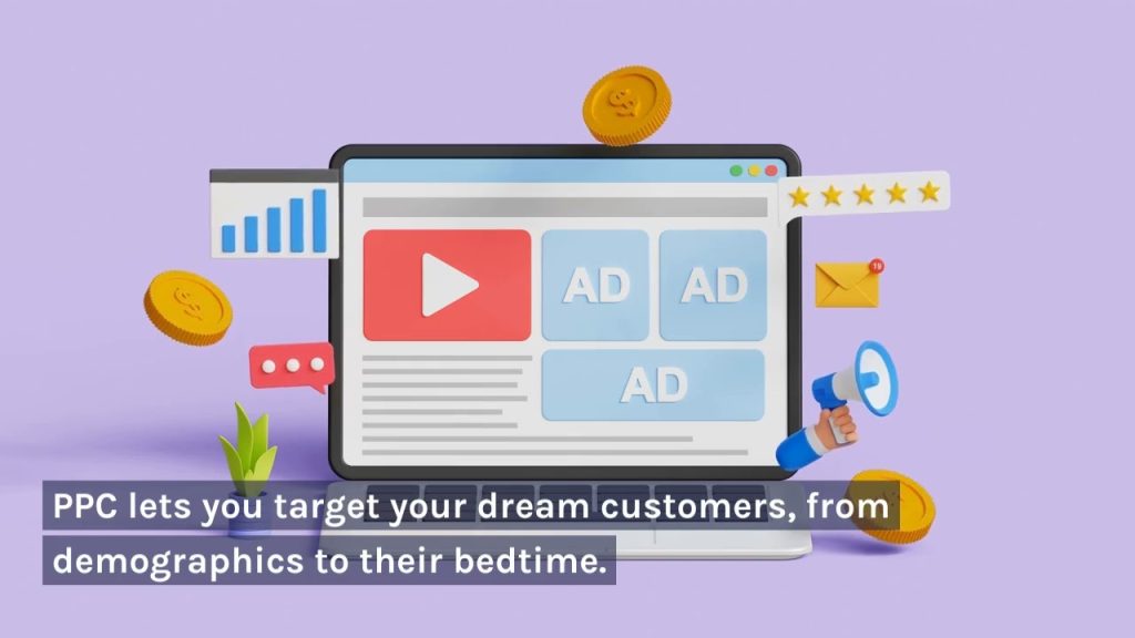 Illustration of a digital advertising dashboard with pay-per-click (PPC) ads, analytics, email marketing, and customer targeting icons representing online advertising and lead generation.