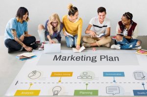 Marketing team collaborating on a strategic marketing plan and business growth initiatives.