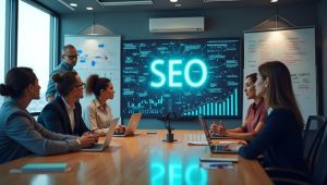Marketing team reviewing SEO strategy and search performance during a search engine optimization planning meeting.