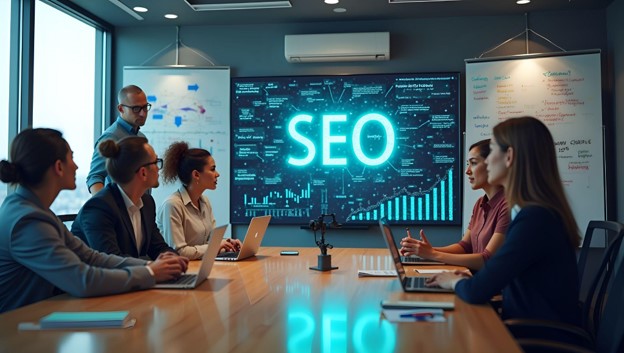 Marketing team reviewing SEO strategy and search performance during a search engine optimization planning meeting.