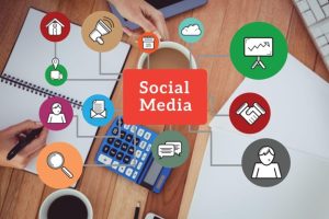 Social media marketing strategy with icons representing content creation, audience engagement, and digital communication.