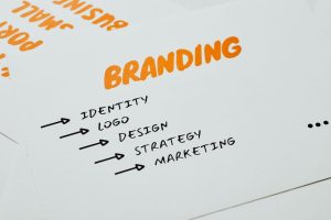 Branding strategy and digital marketing campaign planning with notes on identity, logo, design, strategy, and marketing.