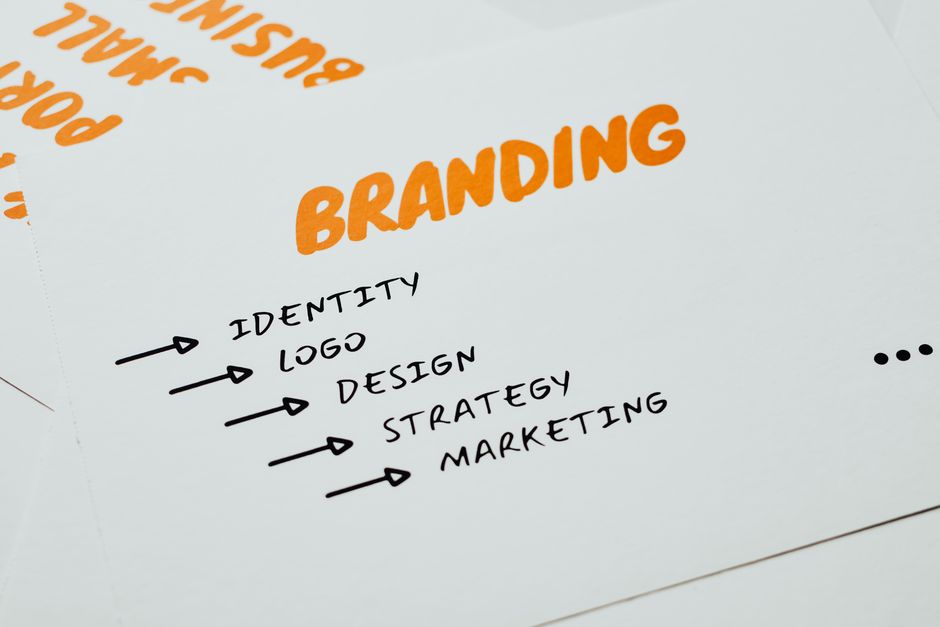 Branding strategy and digital marketing campaign planning with notes on identity, logo, design, strategy, and marketing.
