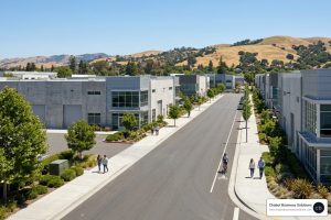 Modern commercial buildings and business district in San Leandro, California, representing local business growth and marketing strategy.