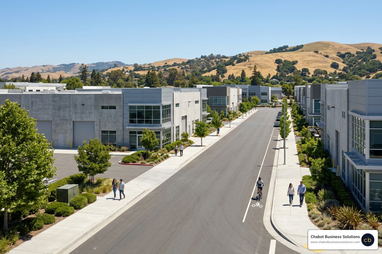 Modern commercial buildings and business district in San Leandro, California, representing local business growth and marketing strategy.