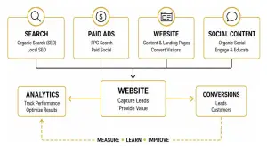 Digital marketing channels framework linking search, paid ads, website, and social content