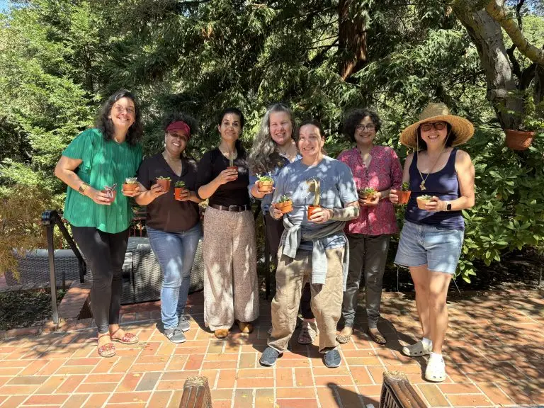WinkedIn members holding potted succulents and plant cuttings at their 2nd anniversary lunch in San Leandro, September 2026